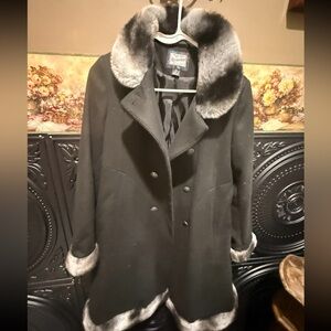 Vintage Rothschild Black Winter dress Pea Coat with Gray Fur Trim